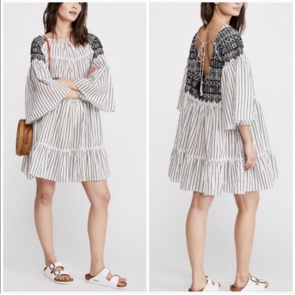 Free People Lola Embroidered Stripe Baby Doll Mini Dress Boho Cotton Tassels  XL - Picture 1 of 16